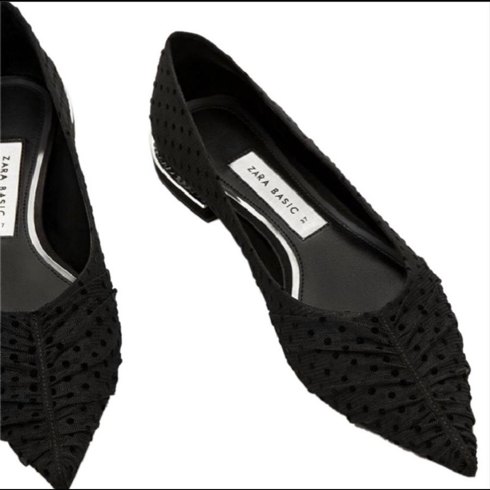 Zara black pointy mesh dot rhinestone flats shoes - Picture 3 of 4